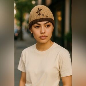 SALE ‼️wool blend knit cap with cozy lining from Anthro browns tans embroidered